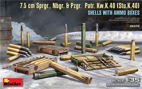 1:35 MiniArt 35375 7.5 cm Sprgr., Nbgr. & Pzgr. Patr. Kw.K.40 (Stu.K.40) Shells w/ Ammo Boxes Plastic Modelbouwpakket