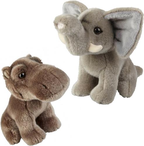 Ravensden - Knuffeldieren set olifant en nijlpaard pluche knuffels 18 cm