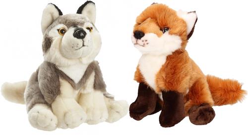 Nature Planet - Pluche bos knuffels - set 2x - Wolf en Vos - 18 cm