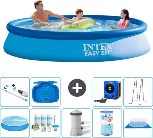 Intex Rond Opblaasbaar Easy Set Zwembad - 366 x 76 cm - Blauw - Inclusief Solarzeil - Onderhoudspakket - Zwembadfilterpomp - Filter - Grondzeil - Stofzuiger - Ladder - Voetenbad - Warmtepomp