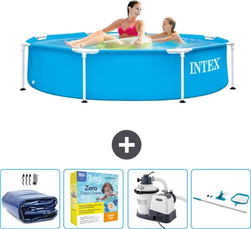 Intex Rond Frame Zwembad - 244 x 51 cm - Blauw - Inclusief Solarzeil - Onderhoudspakket - Zwembadfilterpomp - Schoonmaakset