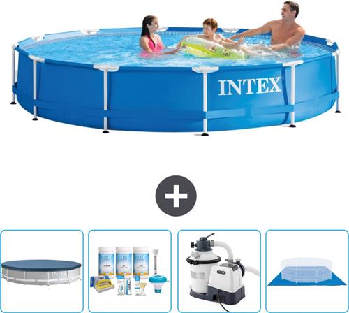 Intex Rond Frame Zwembad - 366 x 76 cm - Blauw - Inclusief Afdekzeil - Onderhoudspakket - Zwembadfilterpomp - Grondzeil