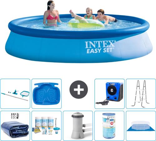 Intex Rond Opblaasbaar Easy Set Zwembad - 396 x 84 cm - Blauw - Inclusief Solarzeil - Onderhoudspakket - Zwembadfilterpomp - Filter - Grondzeil - Schoonmaakset - Ladder - Voetenbad - Warmtepomp