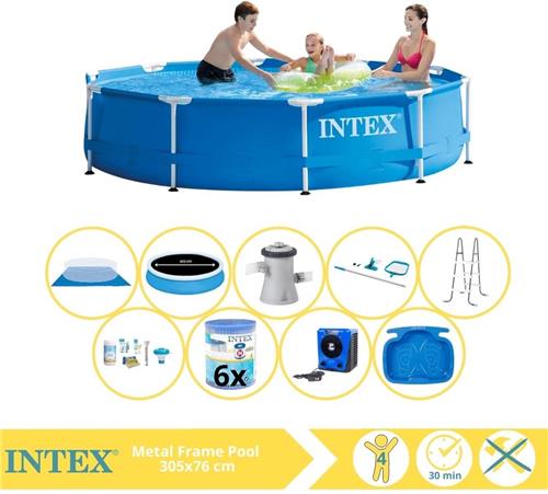 Intex Metal Frame Zwembad - Opzetzwembad - 305x76 cm - Inclusief Solarzeil Pro, Onderhoudspakket, Filter, Grondzeil, Onderhoudsset, Trap, Voetenbad en Warmtepomp HS