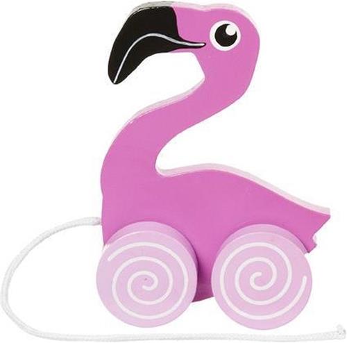 Nature Planet speelgoed trekdiertje flamingo - hout - 13 cm - roze