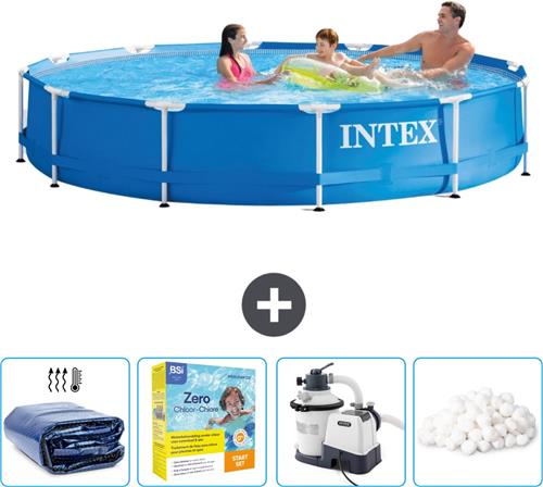 Intex Rond Frame Zwembad - 366 x 76 cm - Blauw - Inclusief Solarzeil - Onderhoudspakket - Zwembadfilterpomp - Filterbollen