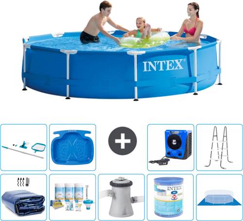 Intex Rond Frame Zwembad - 305 x 76 cm - Blauw - Inclusief Solarzeil - Onderhoudspakket - Zwembadfilterpomp - Filter - Grondzeil - Schoonmaakset - Ladder - Voetenbad - Warmtepomp