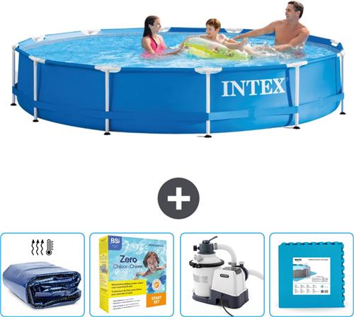 Intex Rond Frame Zwembad - 366 x 76 cm - Blauw - Inclusief Solarzeil - Onderhoudspakket - Zwembadfilterpomp - Vloertegels