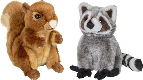 Nature Planet - Bosdieren pluche knuffels - 2x stuks - Eekhoorn en Wasbeer - 18 cm