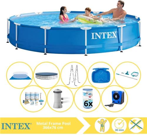 Intex Metal Frame Zwembad - Opzetzwembad - 366x76 cm - Inclusief Afdekzeil, Onderhoudspakket, Zwembadpomp, Filter, Grondzeil, Onderhoudsset, Trap, Voetenbad en Warmtepomp HS