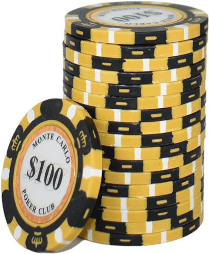 Monte Carlo High Class Poker Chips 100 geel (25 stuks) - pokerchips - pokerfiches - poker fiches - clay chips - pokerspel - pokerset - poker set