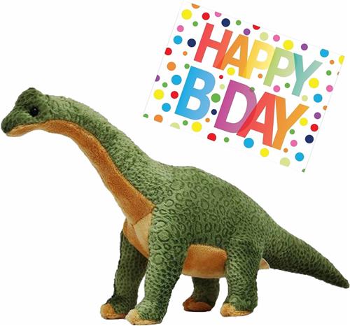 Pluche knuffel Dino Brachiosaurus 43 cm met grote A5-size Happy Birthday wenskaart - Verjaardag cadeau setje - Een knuffel sturen