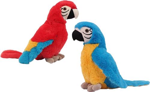 Pia Soft toys Knuffeldier Papegaaien - set 2x - zachte pluche stof - knuffels - blauw/rood - 24 cm