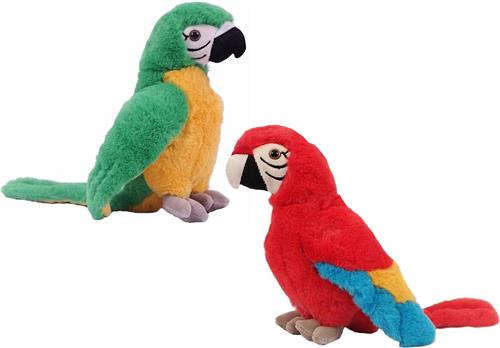 Pia Soft toys Knuffeldier Papegaaien - set 2x - zachte pluche stof - knuffels - groen/rood - 24 cm