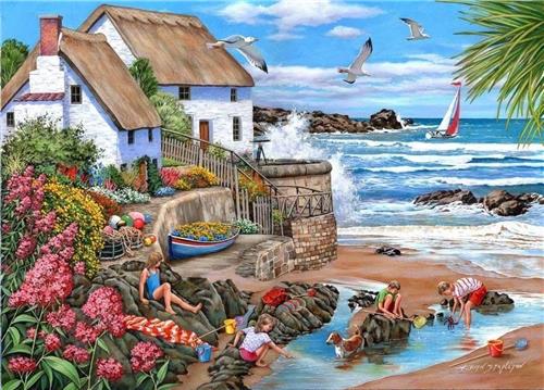 House of Puzzles Seaspray Cottages - 1000 Piece Jigsaw Puzzle