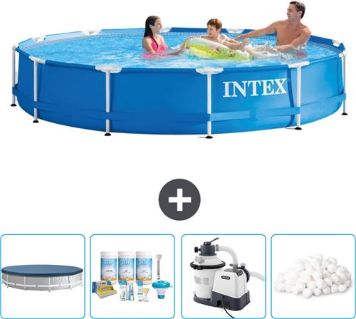 Intex Rond Frame Zwembad - 366 x 76 cm - Blauw - Inclusief Afdekzeil - Onderhoudspakket - Zwembadfilterpomp - Filterbollen