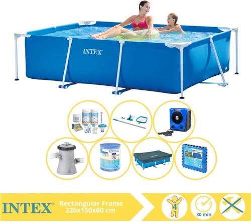 Intex Rectangular Frame Zwembad - Opzetzwembad - 220x150x60 cm - Inclusief Afdekzeil, Onderhoudspakket, Zwembadpomp, Filter, Onderhoudsset, Zwembadtegels en Warmtepomp HS