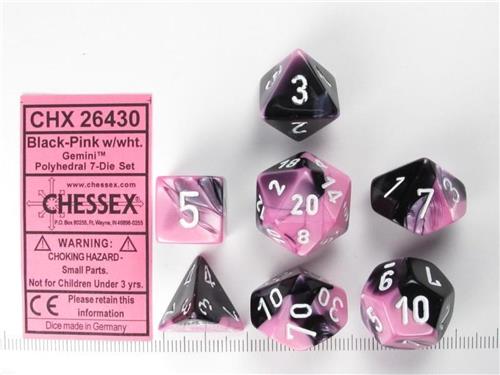 Gemini Polyhedral 7-Die Sets - Black-Pink W/White