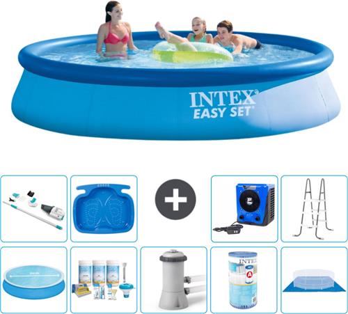 Intex Rond Opblaasbaar Easy Set Zwembad - 396 x 84 cm - Blauw - Inclusief Solarzeil - Onderhoudspakket - Zwembadfilterpomp - Filter - Grondzeil - Stofzuiger - Ladder - Voetenbad - Warmtepomp