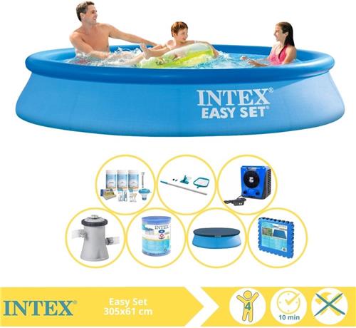 Intex Easy Set Zwembad - Opblaaszwembad - 305x61 cm - Inclusief Afdekzeil, Onderhoudspakket, Zwembadpomp, Filter, Onderhoudsset, Zwembadtegels en Warmtepomp HS