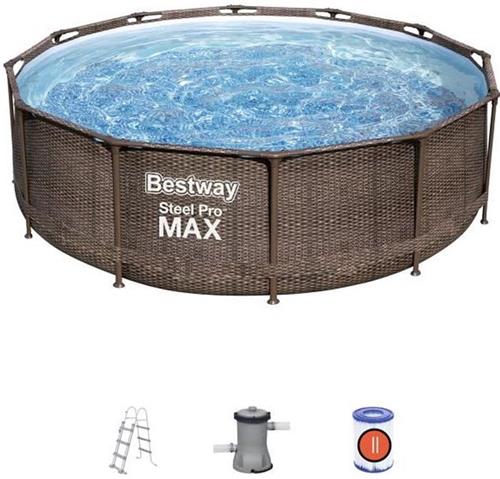 Bestway Steel Pro Max Rattan Ø 366x100 Cm Rond Stalen Frame Bovengronds Zwembad Blauw 9150 Liters