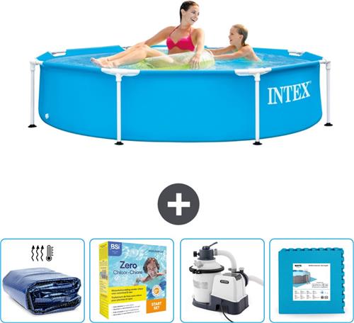 Intex Rond Frame Zwembad - 244 x 51 cm - Blauw - Inclusief Solarzeil - Onderhoudspakket - Zwembadfilterpomp - Vloertegels