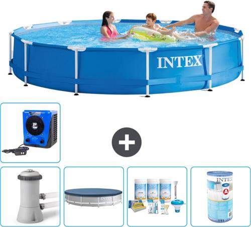 Intex Rond Frame Zwembad - 366 x 76 cm - Blauw - Inclusief Pomp Afdekzeil - Onderhoudspakket - Filter - Warmtepomp