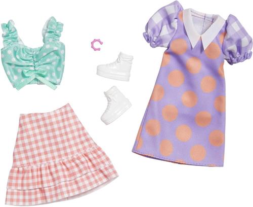 Barbie Kleding Outfit Poppen Accessoires 2-pack: Paarse Jurk + Topje + Rok en Witte Schoenen