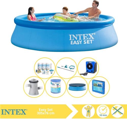 Intex Easy Set Zwembad - Opblaaszwembad - 305x76 cm - Inclusief Afdekzeil, Onderhoudspakket, Zwembadpomp, Filter, Onderhoudsset, Zwembadtegels en Warmtepomp HS