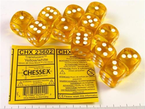 Chessex Translucent Yellow/white D6 16mm Dobbelsteen Set (12 stuks)