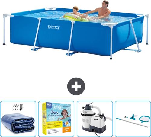 Intex Rechthoekig Frame Zwembad - 260 x 160 x 65 cm - Blauw - Inclusief Solarzeil - Onderhoudspakket - Zwembadfilterpomp - Schoonmaakset