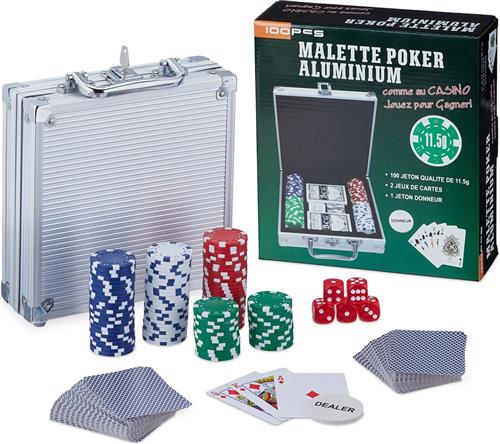 Relaxdays pokerset Texas Hold'em - pokerkoffer 100 chips - poker spel in koffer