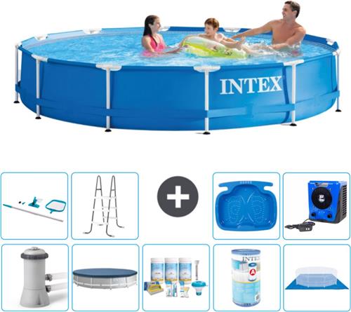 Intex Rond Frame Zwembad - 366 x 76 cm - Blauw - Inclusief Pomp Afdekzeil - Onderhoudspakket - Filter - Grondzeil - Schoonmaakset - Ladder - Voetenbad - Warmtepomp