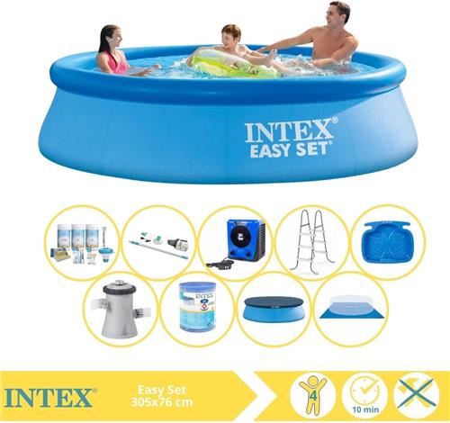 Intex Easy Set Zwembad - Opblaaszwembad - 305x76 cm - Inclusief Afdekzeil, Onderhoudspakket, Zwembadpomp, Filter, Grondzeil, Stofzuiger, Trap, Voetenbad en Warmtepomp HS