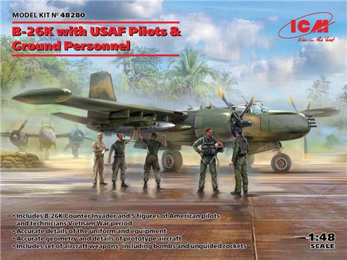 1:48 ICM 48280 B-26K Plane with USAF Pilots & Ground Personnel Plastic Modelbouwpakket