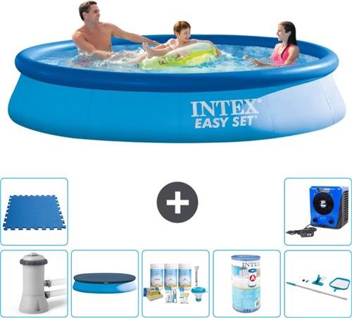 Intex Rond Opblaasbaar Easy Set Zwembad - 366 x 76 cm - Blauw - Inclusief Pomp Afdekzeil - Onderhoudspakket - Filter - Schoonmaakset - Vloertegels - Warmtepomp