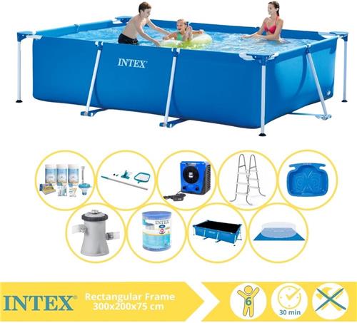 Intex Rectangular Frame Zwembad - Opzetzwembad - 300x200x75 cm - Inclusief Solarzeil Pro, Onderhoudspakket, Zwembadpomp, Filter, Grondzeil, Onderhoudsset, Trap, Voetenbad en Warmtepomp HS