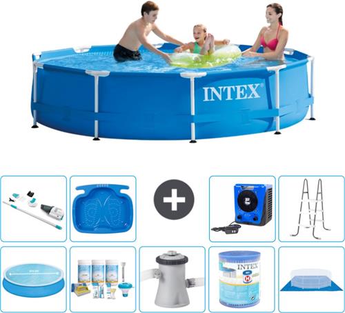 Intex Rond Frame Zwembad - 305 x 76 cm - Blauw - Inclusief Solarzeil - Onderhoudspakket - Zwembadfilterpomp - Filter - Grondzeil - Stofzuiger - Ladder - Voetenbad - Warmtepomp