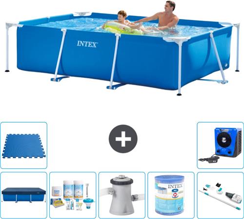 Intex Rechthoekig Frame Zwembad - 260 x 160 x 65 cm - Blauw - Inclusief Afdekzeil - Onderhoudspakket - Zwembadfilterpomp - Filter - Stofzuiger - Vloertegels - Warmtepomp