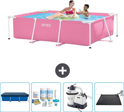 Intex Rechthoekig Frame Zwembad - 220 x 150 x 60 cm - Roze - Inclusief Afdekzeil - Onderhoudspakket - Zwembadfilterpomp - Solar Mat