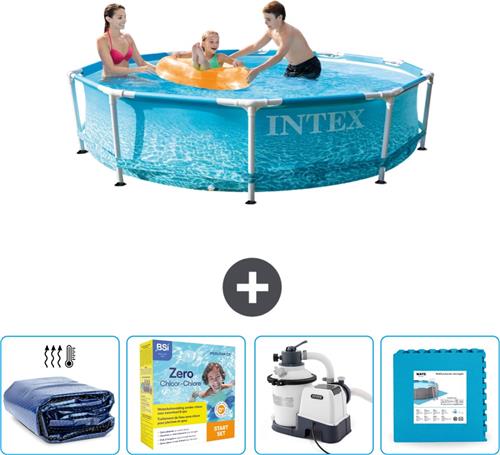 Intex Rond Frame Zwembad - 305 x 76 cm - Waterprint - Inclusief Solarzeil - Onderhoudspakket - Zwembadfilterpomp - Vloertegels