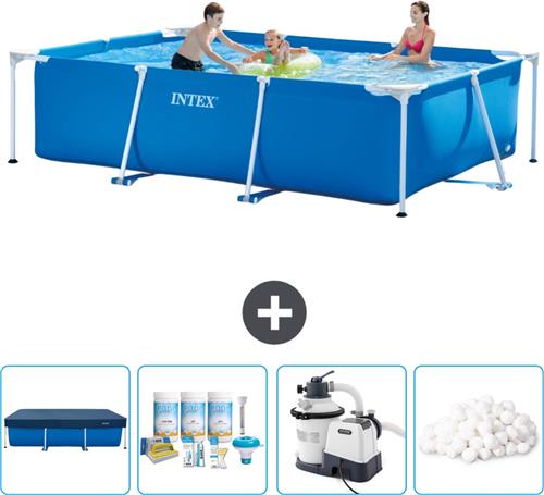 Intex Rechthoekig Frame Zwembad - 300 x 200 x 75 cm - Blauw - Inclusief Afdekzeil - Onderhoudspakket - Zwembadfilterpomp - Filterbollen