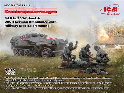 1:35 ICM 35114 Krankenpanzerwagen Sd.Kfz.251/8 Ausf.A - WWII Duits met Militair Medisch Personeel Plastic Modelbouwpakket