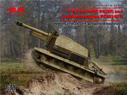 1:35 ICM 35340 10.5cm leFH 16(Sf) auf Geschutzwagen FCM36 (f) Plastic Modelbouwpakket