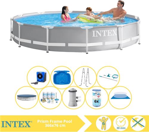 Intex Prism Frame Zwembad - Opzetzwembad - 366x76 cm - Inclusief Afdekzeil, Onderhoudspakket, Zwembadpomp, Filter, Grondzeil, Onderhoudsset, Trap, Voetenbad en Warmtepomp HS