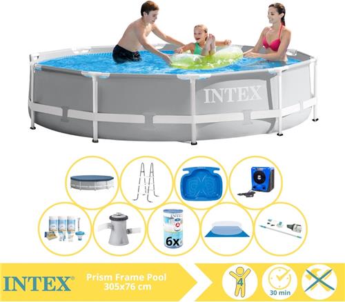 Intex Prism Frame Zwembad - Opzetzwembad - 305x76 cm - Inclusief Afdekzeil, Onderhoudspakket, Zwembadpomp, Filter, Grondzeil, Stofzuiger, Trap, Voetenbad en Warmtepomp HS