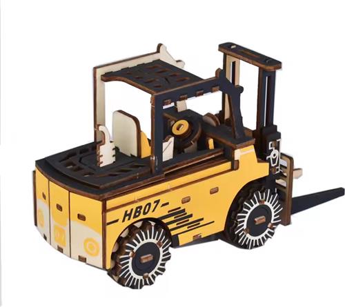 Bouwpakket DIY 3D Puzzel Vorkheftruck Heftruck gekleurd- hout