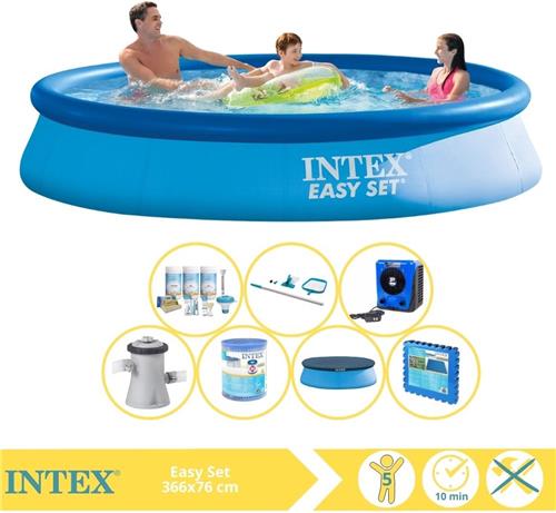 Intex Easy Set Zwembad - Opblaaszwembad - 366x76 cm - Inclusief Afdekzeil, Onderhoudspakket, Filter, Onderhoudsset, Zwembadtegels en Warmtepomp HS