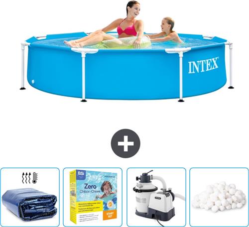 Intex Rond Frame Zwembad - 244 x 51 cm - Blauw - Inclusief Solarzeil - Onderhoudspakket - Zwembadfilterpomp - Filterbollen