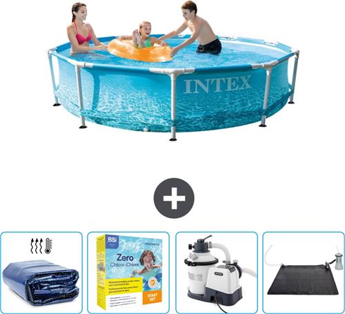 Intex Rond Frame Zwembad - 305 x 76 cm - Waterprint - Inclusief Solarzeil - Onderhoudspakket - Zwembadfilterpomp - Solar Mat